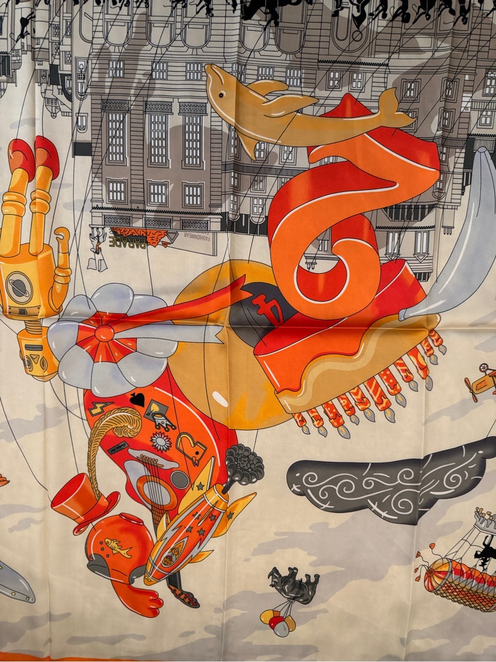 Luxury 90cm Silk Scarf with Yellow, Red & Cream Illustration - Picture 2 of 8